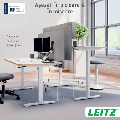 Birou ergonomic Leitz Ergo, electric, 140x80 cm, ajustabil, certificare FSC, alb